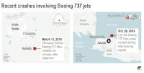 Maps show Boeing 737 Max crashes in Ethiopia and Indonesia; 3c x 2 1/2 inches; 146 mm x 63 mm;