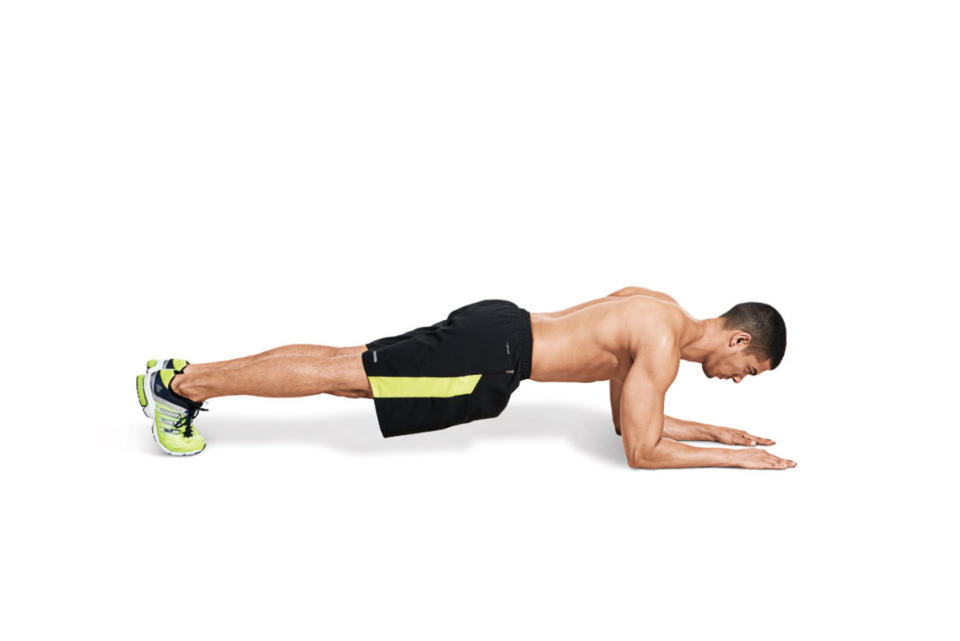 How to do it:<ol><li>Start in a pushup position, then rest your forearms on the floor with palms down.</li><li>Keeping your core tight and your body in a straight line, extend your elbows so your arms are straight.</li></ol>