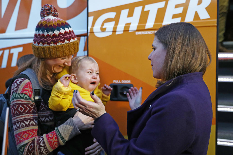 Liberal Democrat leader Jo Swinson meets supporters during a visit to Dunkertons Cider Company, an organic and plastic free brewery in Cheltenham, Gloucestershire, during campaigning for the General Election.