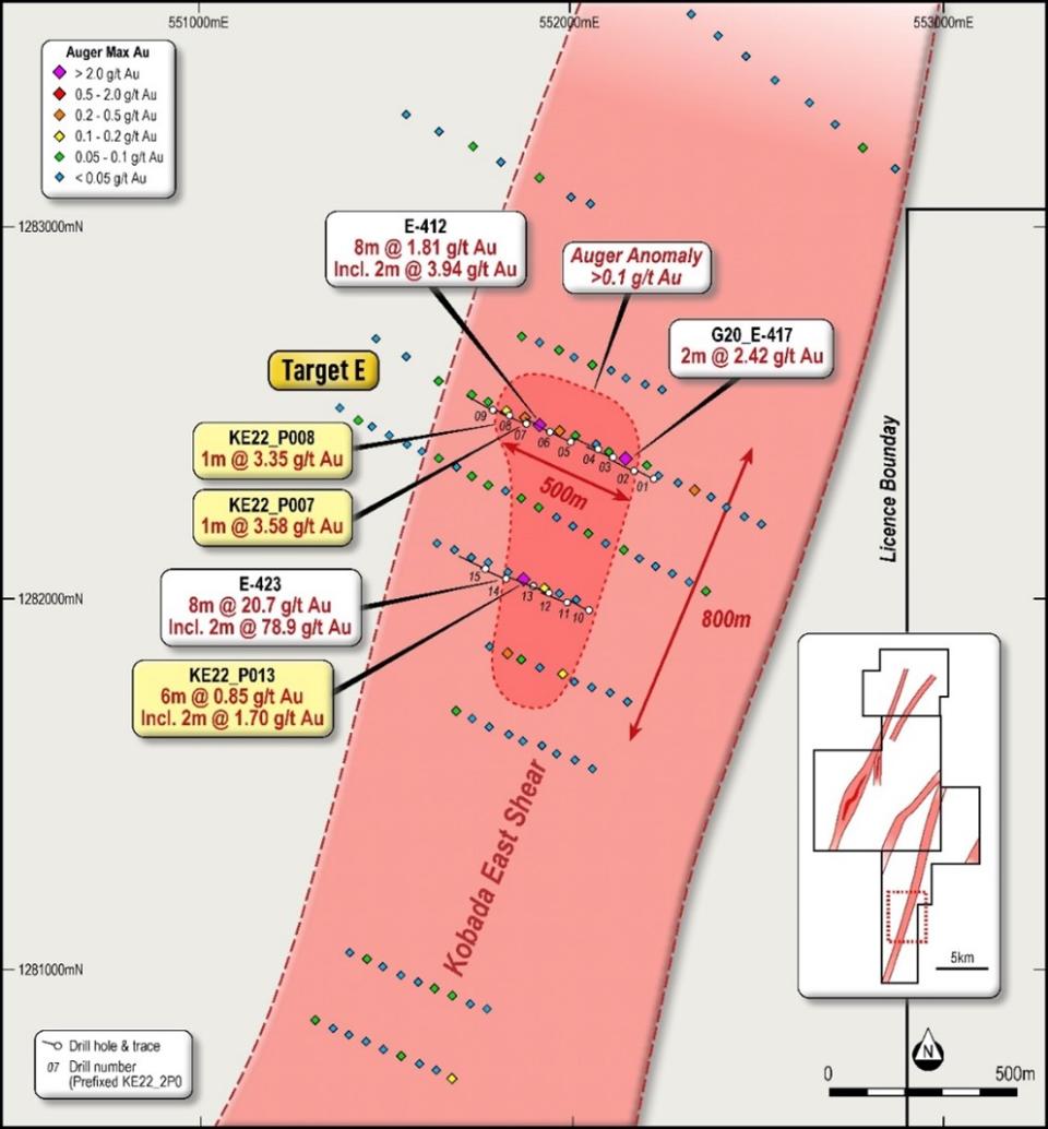 Plan showing Kobada East (Target E) RC and auger drilling locations and results