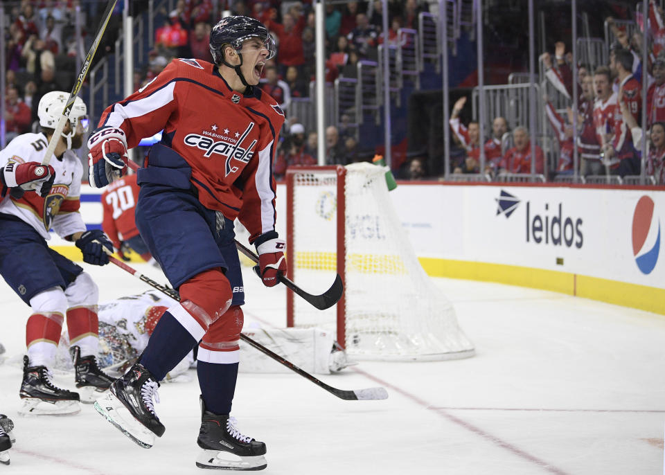 Washington Capitals left wing Jakub Vrana (13), of the Czech Republic, celebrates his goal during the second period of an NHL hockey game against the Florida Panthers, Friday, Oct. 19, 2018, in Washington. (AP Photo/Nick Wass)