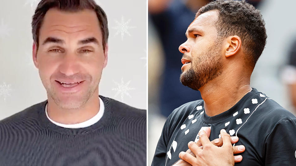 Pictured left to right, Roger Federer and retiring tennis rival Jo-Wilfried Tsonga. 