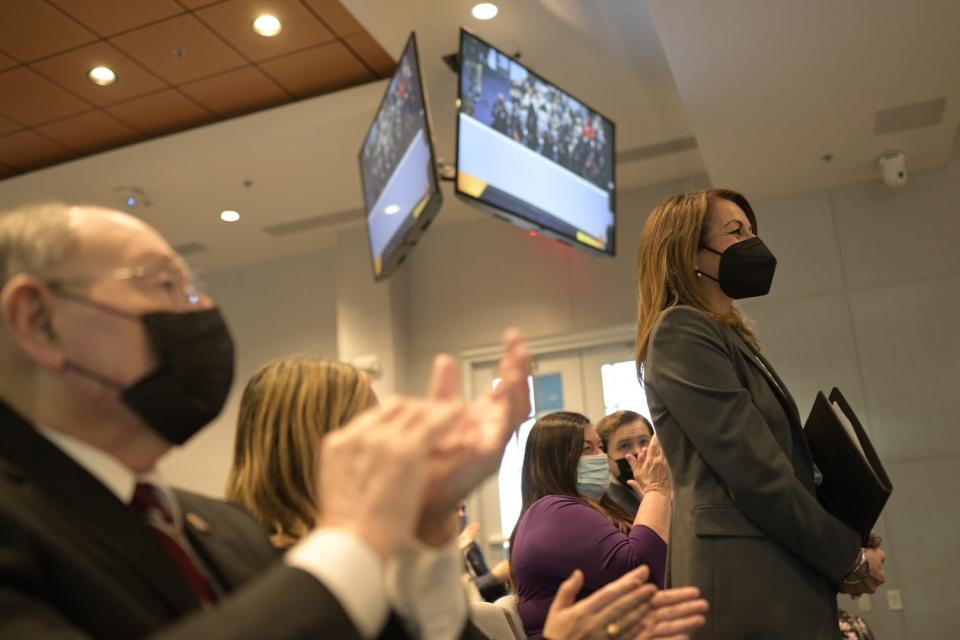 Diana Sayavedra is congratulated on her new role as superintendent after being named by the EPISD school board.