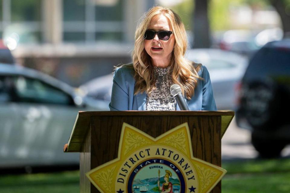 Merced County District Attorney Chief Investigator Anna Hazel speaks during the Merced County Victims’ Rights Ceremony at Courthouse Park in Merced, Calif., on Tuesday, April 25, 2023. The annual event held to remember victims of violence and crime, is hosted by the Merced County District Attorney’s Office during National Crime Victims’ Rights Week.