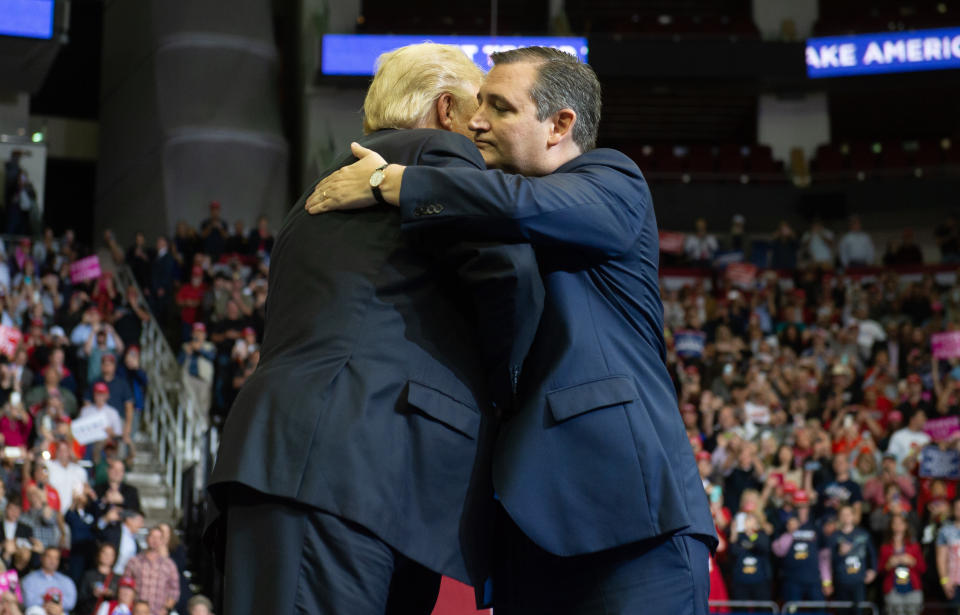 Trump and Cruz embraced at a rally in Houston on Monday and appeared to move past their regular attacks against one another. (Photo: SAUL LOEB via Getty Images)