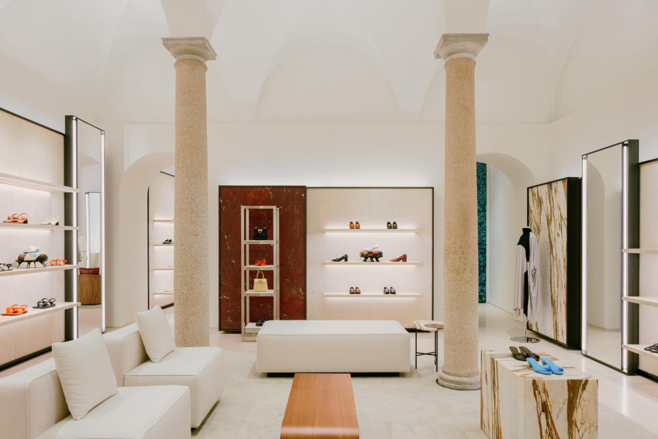 Inside Ferragamo’s newly refurbished store in Milan’s Via Montenapoleone.