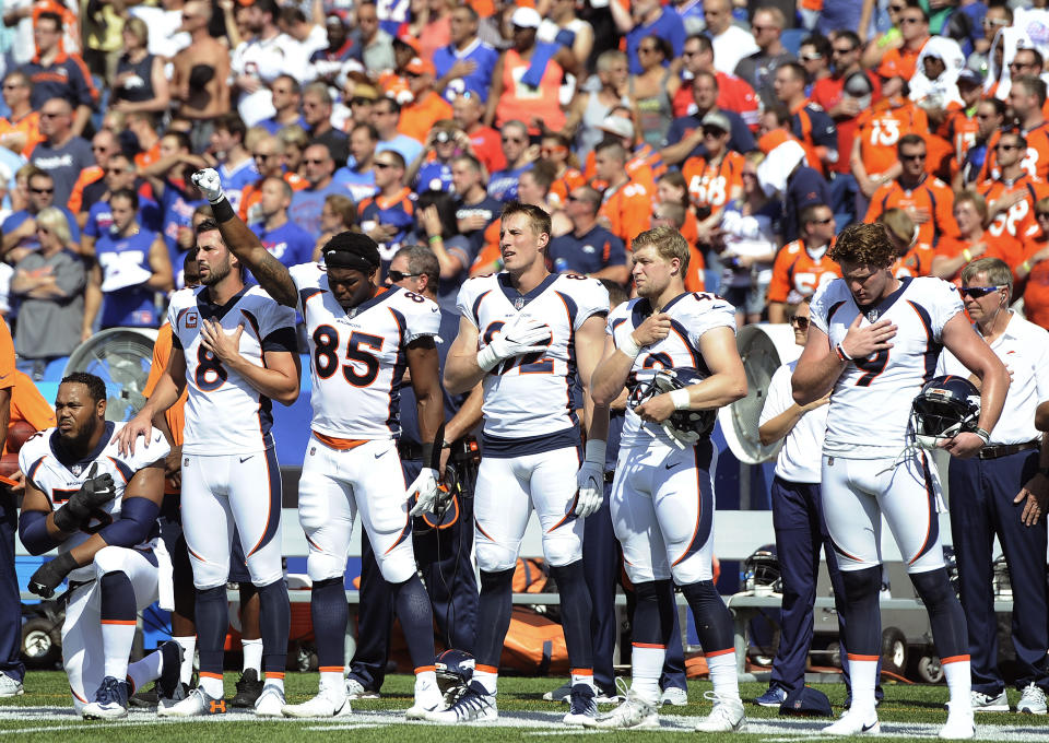 One parish in Louisiana has a rule that prevents high school athletes from taking a knee during the anthem like the Denver Broncos' Virgil Green. (AP) 