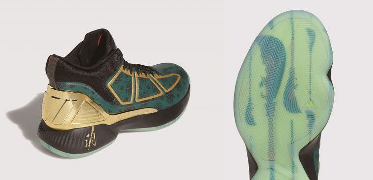 adidas D Rose 10靈感汲取自「青龍偃月刀」，墨綠皮革鞋面輔以鑲金設計，宛若關羽綠袍金鎧加身，尊貴又帶有銳利殺氣。官方提供