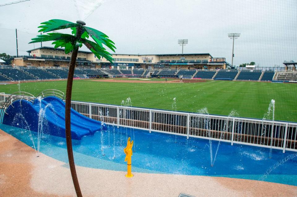 A new splash pad for children on what was the grassy berm at Shuckers Ballpark on Friday, May 10, 2024. The splash pad features over 20 ground sprays and is open during games or for group use on non game days.