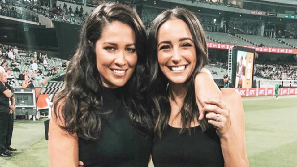 Channel 7 reporter Abbey Way (pictured right) smiling with Mel Mclaughlin (pictured left).