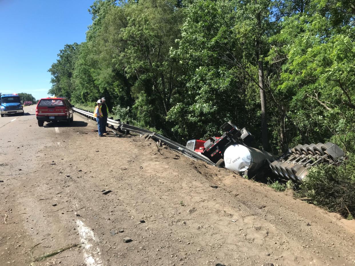 A semi trailer came to rest upside down in what the Clinton County Sheriff's Office said was a serious crash on southbound U.S. 127 near Maple Rapids Road north of St. Johns on Thursday, June 23, 2022.