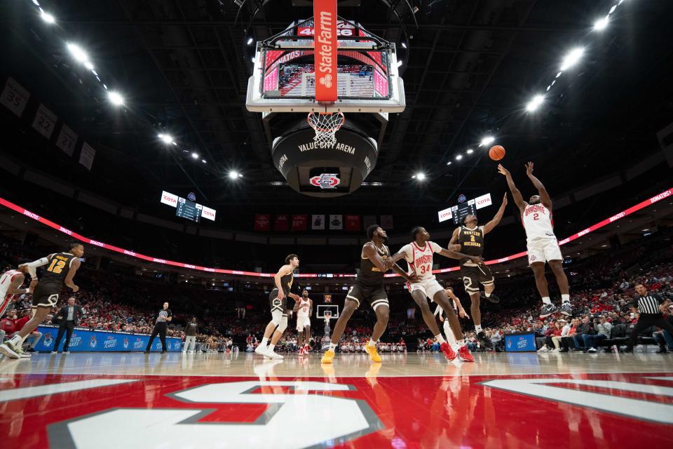 Nov 19, 2023; Columbus, OH, USA;
Ohio State Buckeyes guard Bruce Thornton (2) goes for a jump shot against Western Michigan Broncos guard Jefferson De La Cruz Monegro (2) during their game on Sunday, Nov. 19, 2023 at the Value City Arena.