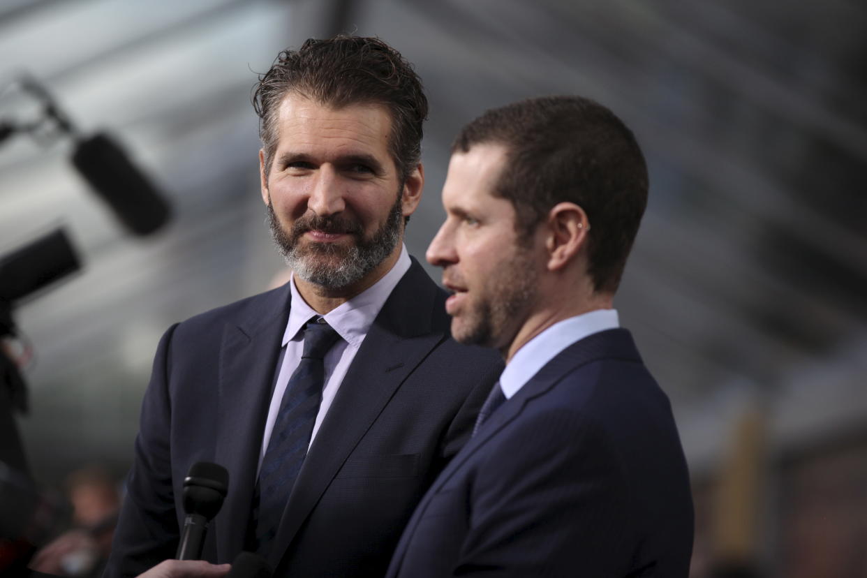 David Benioff (L) and Dan Weiss, creators and executive producers, arrive for the season premiere of HBO's "Game of Thrones" in San Francisco, California March 23, 2015. REUTERS/Robert Galbraith 