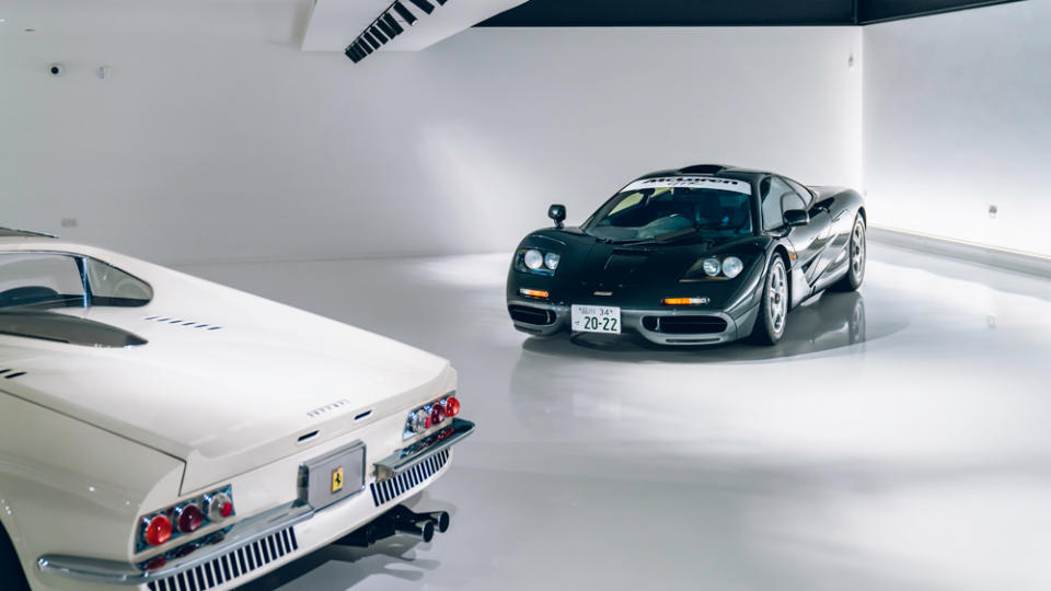 A one-of-two 1966 Ferrari 365 P Berlinetta Speciale concept shares floor space with a McLaren F1 at Kiklo Spaces in Hampshire, England.