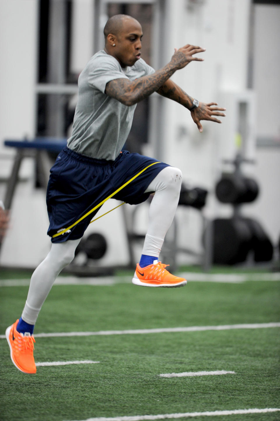 This photo provided by the Denver Broncos shows wide receiver Andre Caldwell working out during an offseason training session at the NFL football teams training facility in Englewood, Colo., on Monday, April 21, 2014. (AP Photo/Denver Broncos, Eric Lars Bakke)