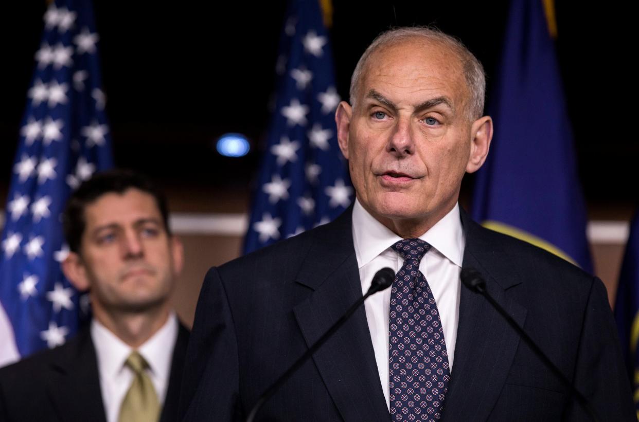 The then Homeland Security Secretary speaks to the media about immigration enforcement legislation: EPA
