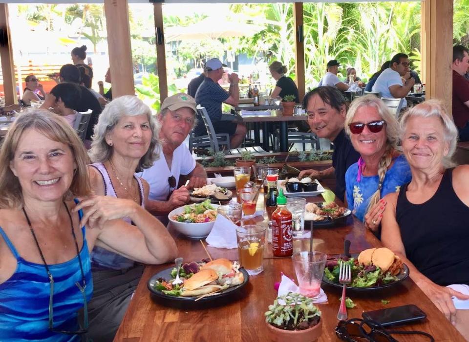 The Maui Live Poets Society has been an important part of Mary Anne Anderson’s life on the island. Her friend and Maui Live Poets Society member, Carole Harley, pictured on the far right, lost her life in the fire.