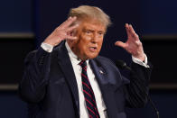 President Donald Trump gestures while speaking during the first presidential debate Tuesday, Sept. 29, 2020, at Case Western University and Cleveland Clinic, in Cleveland, Ohio. (AP Photo/Patrick Semansky)