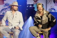 <p>Florida George Line's Brian Kelley and Tylar Hubbard speak from Nashville on Thursday during their livestream event, "Life Rolls On From the FGL House." </p>