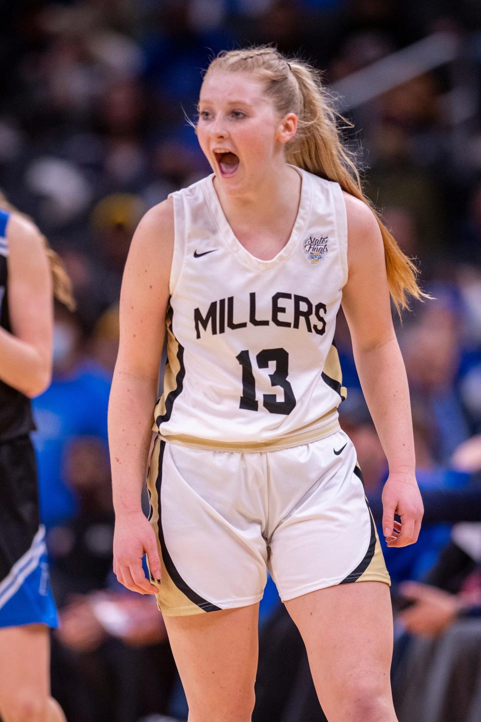 Noblesville's Ava Shoemaker (13) reacts as the team extends their lead during the 4A State Championship game against Franklin, Feb. 26, 2022, at Gainbridge Fieldhouse. Noblesville won 76-52.