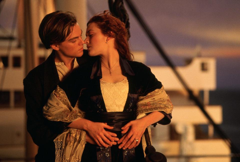 Leonardo DiCaprio's Jack and Kate Winslet's Rose share an iconic moment in "Titanic."