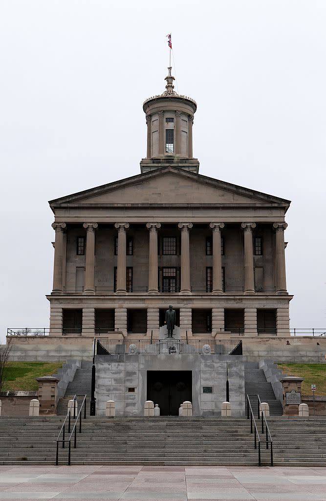 <p>President James K. Polk and his wife, Sarah, were buried at the State Capitol after their thought-to-be-final resting place (Polk Place) <a href="http://mentalfloss.com/article/74227/25-well-tuned-facts-about-tennessee" rel="nofollow noopener" target="_blank" data-ylk="slk:was sold to a developer by their heirs;elm:context_link;itc:0;sec:content-canvas" class="link ">was sold to a developer by their heirs</a>. Their remains were moved to the capitol grounds mainly because no one knew where else to put them. </p>