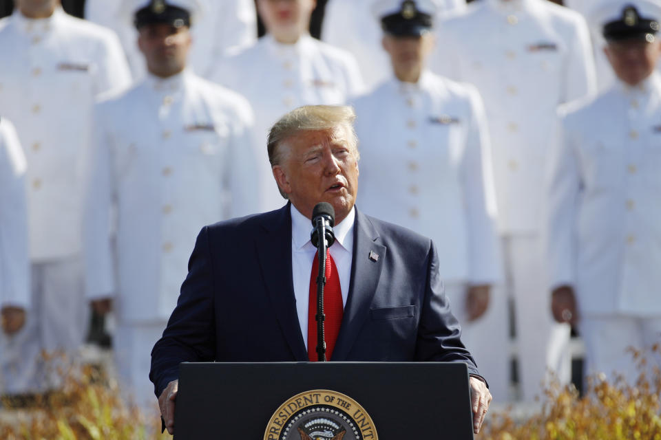 President Donald Trump speaks during a ceremony in observance of the 18th anniversary of the September 11th attacks at the Pentagon in Washington, Wednesday, Sept. 11, 2019. (AP Photo/Patrick Semansky)