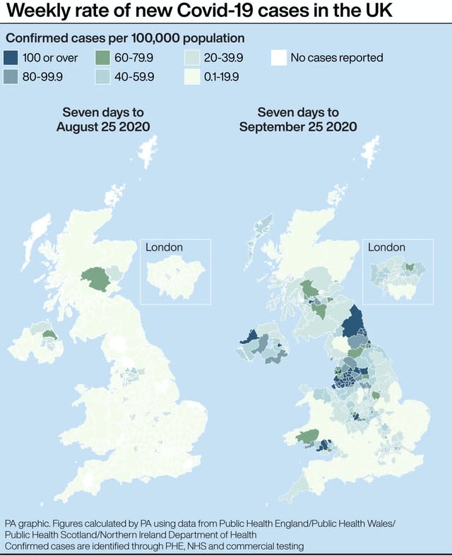 Weekly rate of Covid-19 cases in the UK