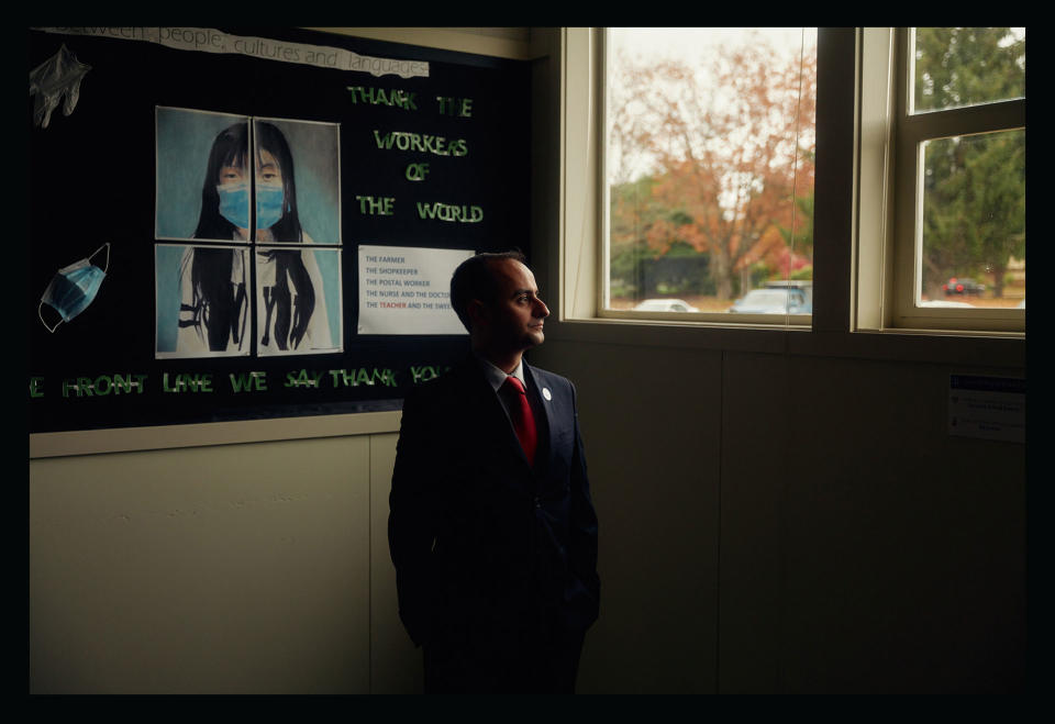 Sami Al-Abdrabbuh, the chairman of a school board in northwest Oregon, stands for a portrait in Corvallis, Ore. on Oct. 28, 2021.<span class="copyright">Mason Trinca—The New York Times/Redux</span>
