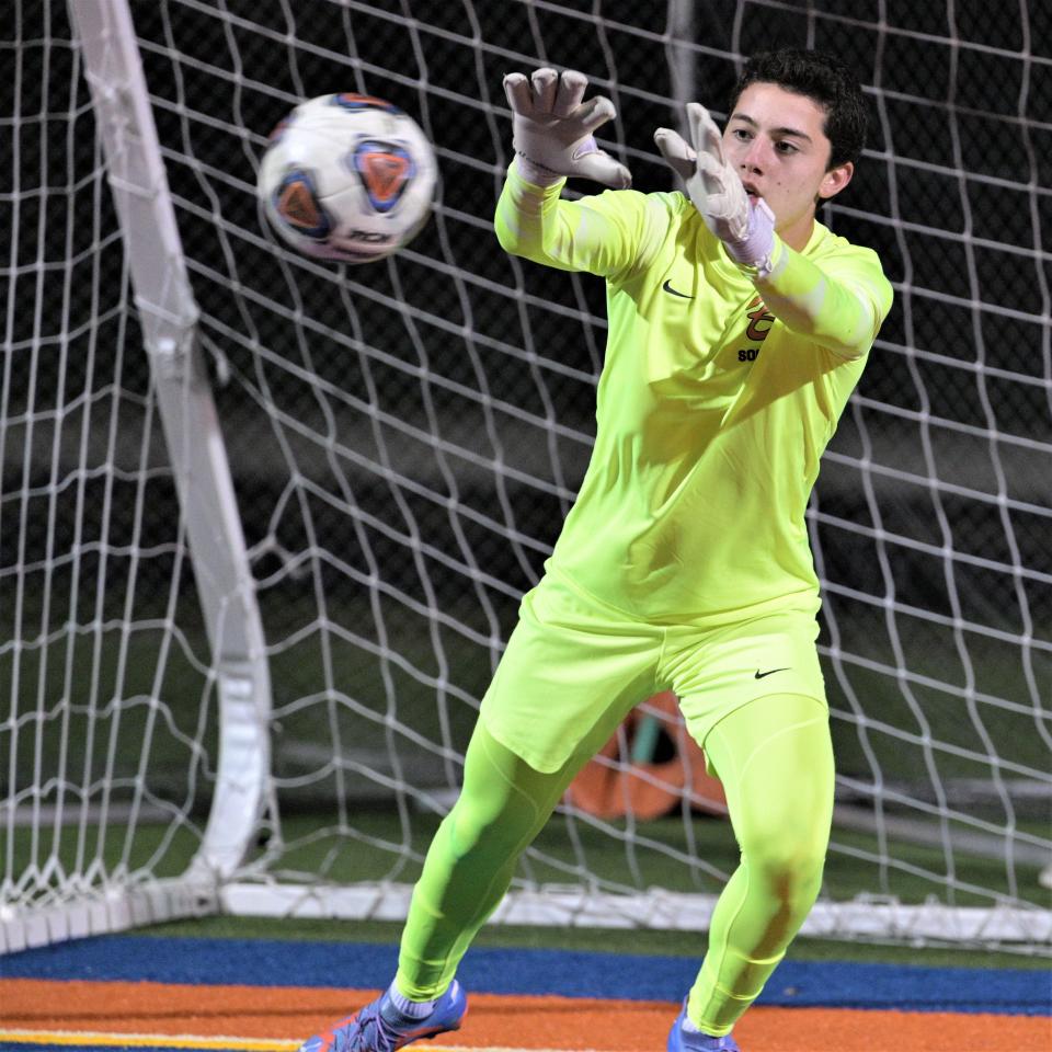 Benjamin goalkeeper Gianluca Balzano makes a stop during warmups before his squad's semifinals matchyp against King's Academy. Balzano made several key saves, including the all-important penalty kick stop that cemeted Benjamin's win (Jan. 27, 2023).