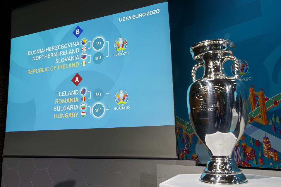 The match fixtures are shown on an electronic panel next to the Henri Delaunay trophy after the drawing of the UEFA EURO 2020 Play-off matches at the UEFA headquarters in Nyon, Switzerland, Friday, Nov. 22, 2019. (Salvatore Di Nolfi/Keystone via AP)