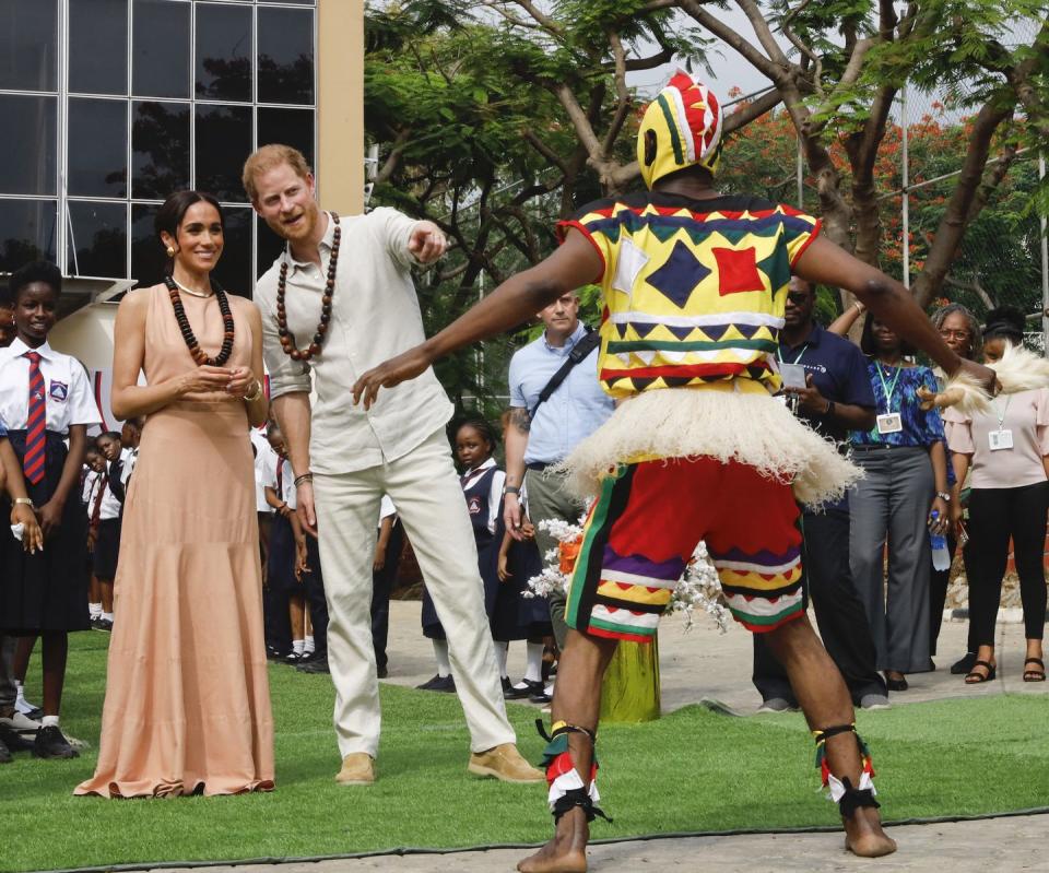 abuja, nigeria may 10 editorial use only prince harry, duke of sussex and meghan, duchess of sussex visit lightway academy on may 10, 2024 in abuja, nigeria photo by andrew esiebogetty images for the archewell foundation