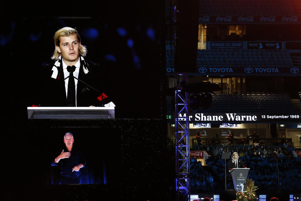 Seen here, Shane Warne's som Jackson speaks at the memorial service for the late cricket great.