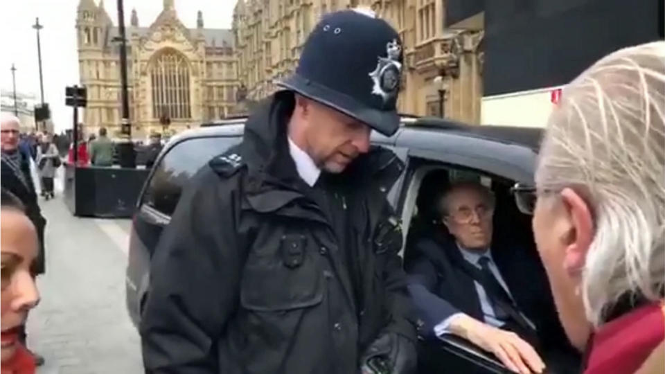 Lord Norman Tebbit was spoken to by police after appearing to run over the foot of a Dutch tourist outside the Houses of Parliament. (SWNS)