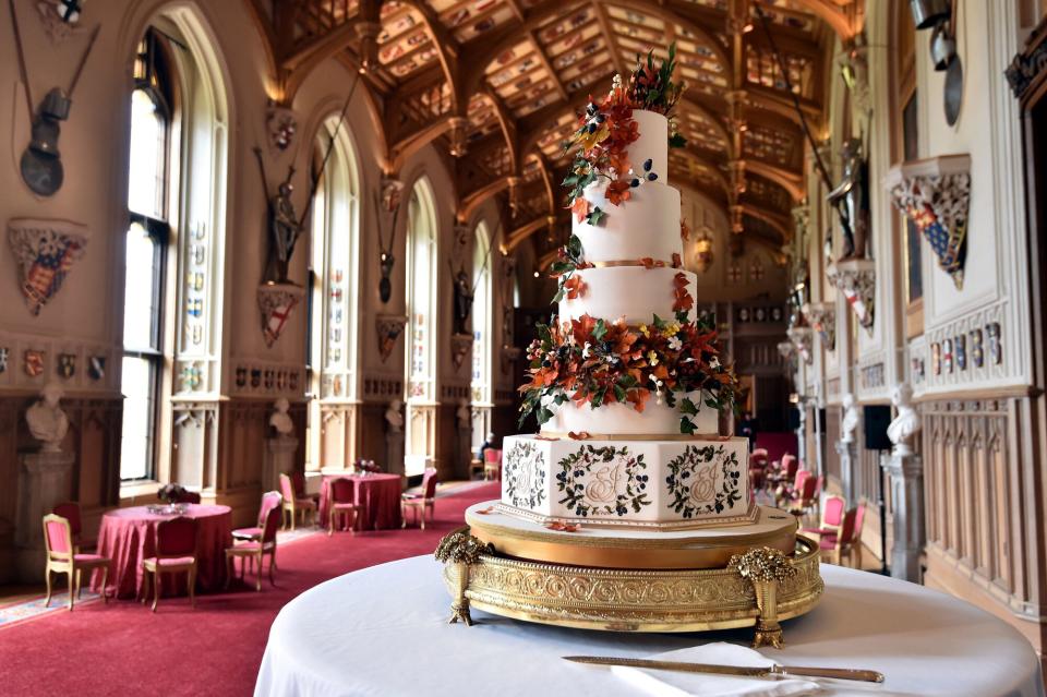 The wedding cake, which was created Sophie Cabot for the wedding of Princess Eugenie of York and Mr. Jack Brooksbank pictured in St. George's Hall at Windsor Castle on October 12, 2018 in Windsor, England