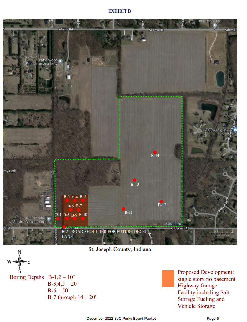 This map shows the St. Joseph County Parks property on Anderson Road in Granger where the county wants to build a park, plus a highway garage in the southwest corner by Beech Road. The red dots mark where borings were made to study the groundwater.