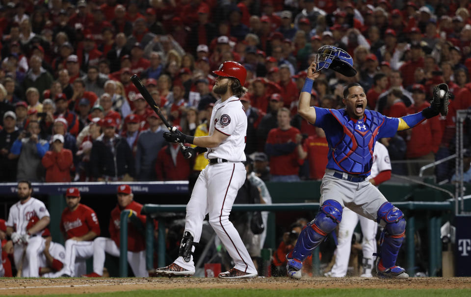 Chicago Cubs catcher Willson Contreras celebrates after the Cubs beat the Nationals in Game 5 of the NLDS. (AP Photo/Pablo Martinez Monsivais)