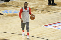 Kemba Walker of the Boston Celtics warms up during an NBA All-Star basketball game practice Saturday, Feb. 15, 2020, in Chicago. (AP Photo/David Banks)