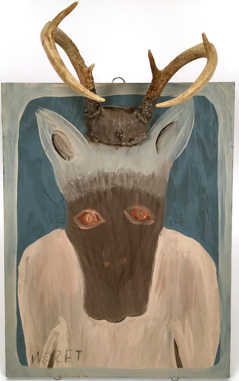 Mose Tolliver (American, about 1920–2006), Moose Head with Antlers, 1981, acrylic and antlers on plywood, Montgomery Museum of Fine Arts Association Purchase, 2015.9.2