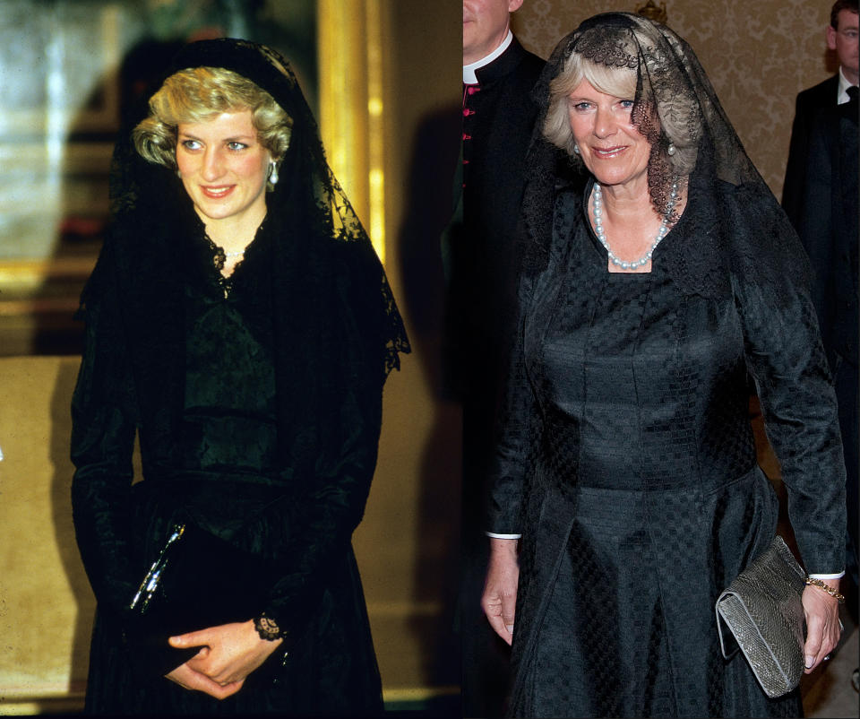 Both <a href="http://www.huffingtonpost.com/news/princess-diana/">Diana, Princess of Wales</a>&nbsp;and Camilla, Duchess of Cornwall wore black as they met Pope John Paul II in April 1985 and&nbsp;Pope Benedict XVI in 2009, respectively. Pope Francis, however, requires less formality: When Camilla and Prince Charles met him at the Vatican in April 2017, she <a href="http://www.express.co.uk/news/royal/787856/Prince-Charles-Camilla-Pope-Vatican-Brexit-charm-offensive-tour" target="_blank">wore a cream coat dress with no veil</a>.