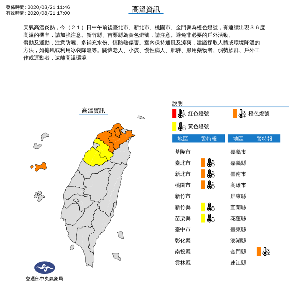 全台高溫分布。   圖：中央氣象局/提供