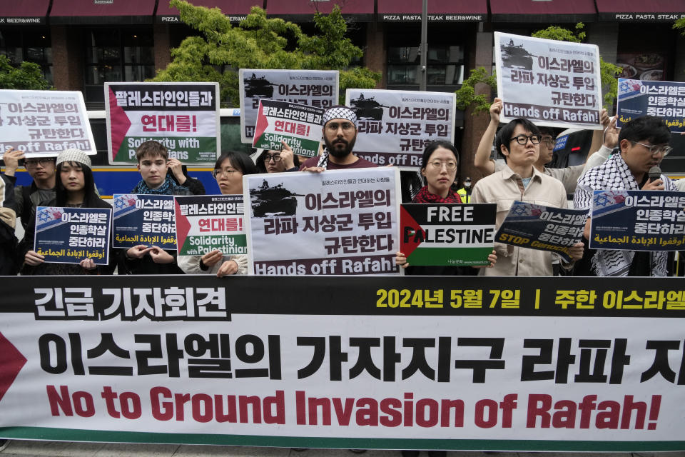 Members of the People in Solidarity with Palestines stage a rally to call for a ceasefire in Gaza, outside the Israeli Embassy in Seoul, South Korea, Tuesday, May 7, 2024. (AP Photo/Ahn Young-joon)