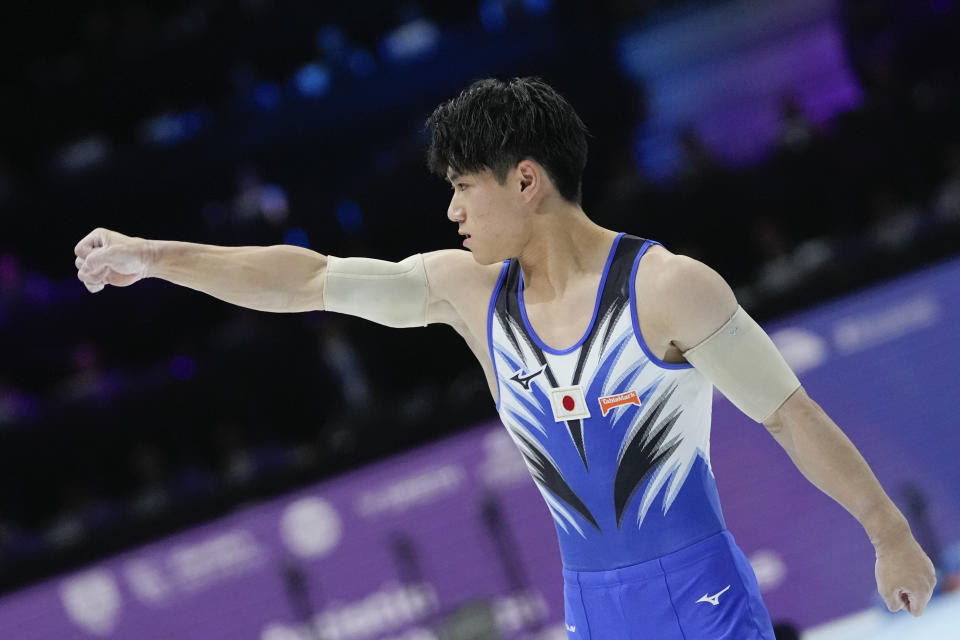 Japan's Daiki Hashimoto reacts after his performance on the parallel bars during the men's all-round final at the Artistic Gymnastics World Championships in Antwerp, Belgium, Thursday, Oct. 5, 2023.(AP Photo/Virginia Mayo)