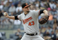 Baltimore Orioles relief pitcher Mike Wright Jr. throws during the second inning of a baseball game against the New York Yankees at Yankee Stadium, Sunday, Sept. 23, 2018, in New York. (AP Photo/Seth Wenig)