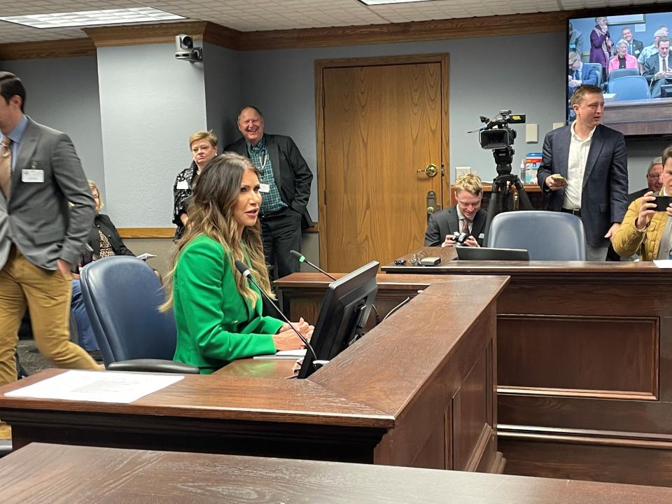 Gov. Kristi Noem testifies in front of the House Appropriations Committee on HB 1075 to reduce the overall state sales tax on groceries on Feb. 21.