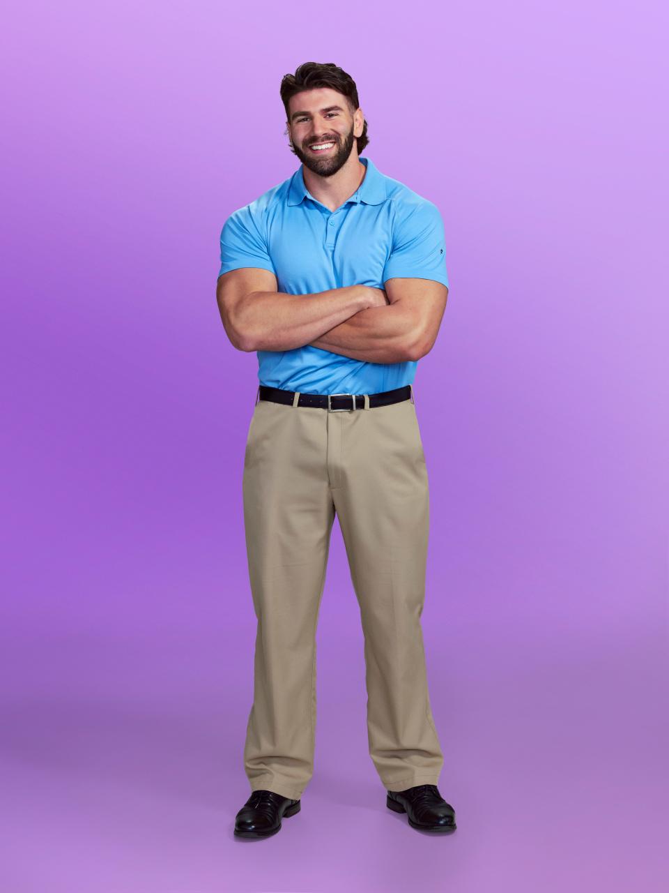 Trevor, a candidate on "Love is blind" Season 6, wearing a blue shirt and beige pants