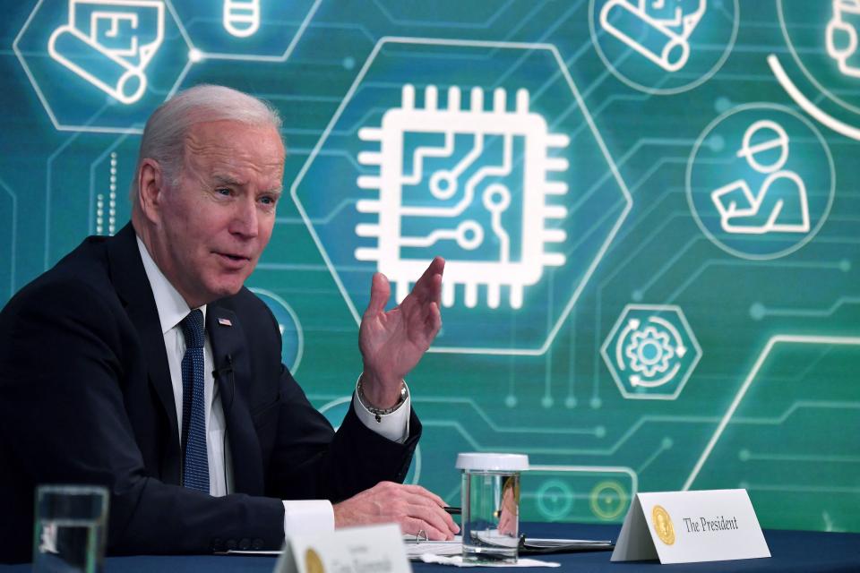 US President Joe Biden meets with business leaders to discuss the Bipartisan Innovation Act, in the South Court Auditorium of the Eisenhower Executive Office Building, near the White House, in Washington, DC, on March 9, 2022. (Photo by Nicholas Kamm / AFP) (Photo by NICHOLAS KAMM/AFP via Getty Images)