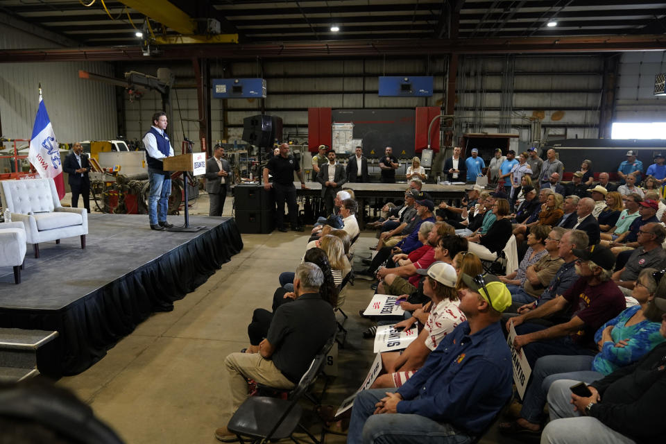 Republican presidential candidate Florida Gov. Ron DeSantis speaks during a campaign event at Port Neal Welding, Wednesday, May 31, 2023, in Salix, Iowa. (AP Photo/Charlie Neibergall)