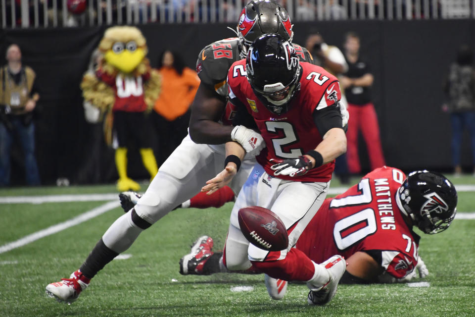 Tampa Bay Buccaneers linebacker Shaquil Barrett (58) sacks Atlanta Falcons quarterback Matt Ryan (2) causing a fumble that Ryan recovered during the first half of an NFL football game, Sunday, Nov. 24, 2019, in Atlanta. (AP Photo/John Amis)