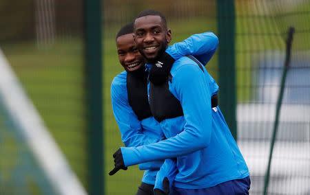 Soccer Football - Europa League - Everton Training - Finch Farm, Liverpool, Britain - November 22, 2017 Everton's Yannick Bolasie and Ademola Lookman during training Action Images via Reuters/Carl Recine